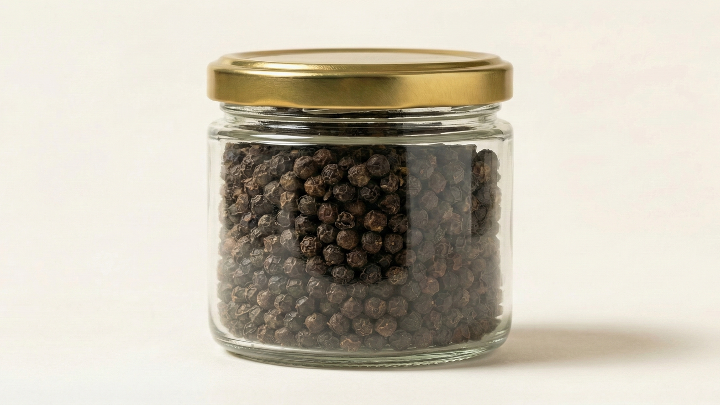 Glass jar with gold lid containing black peppercorns on a beige background