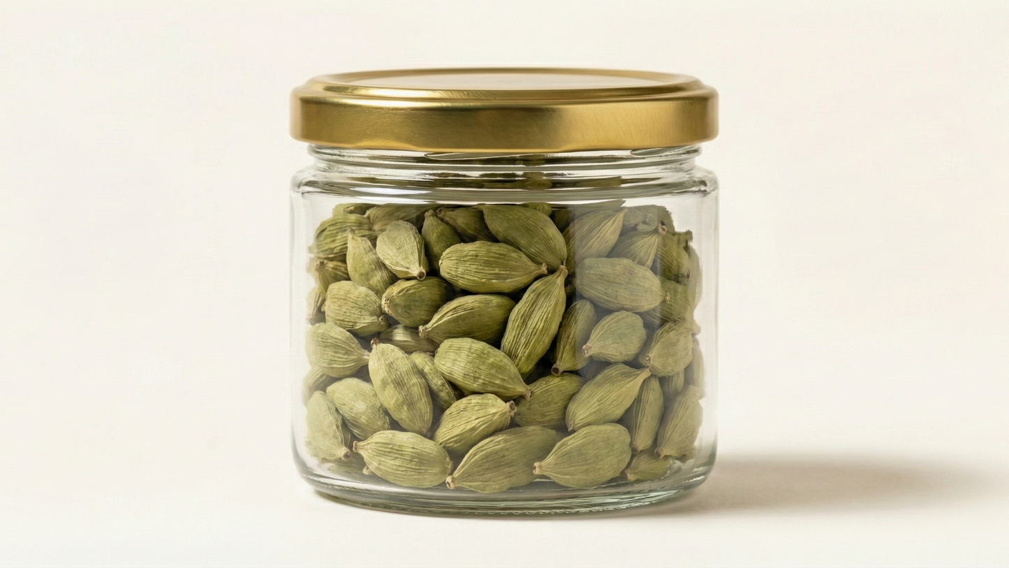 Jar of green cardamom pods with a gold lid on a beige background