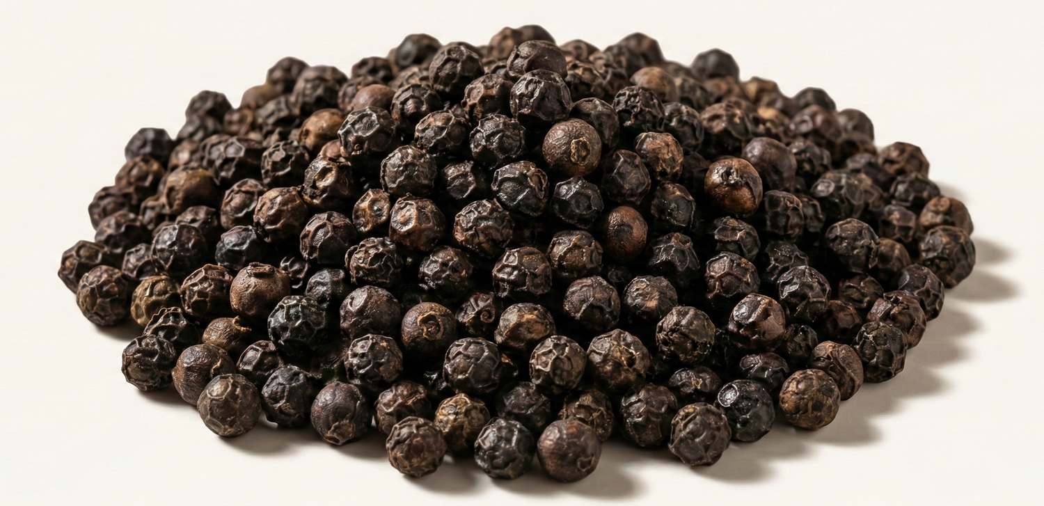 Pile of black peppercorns on an ivory background